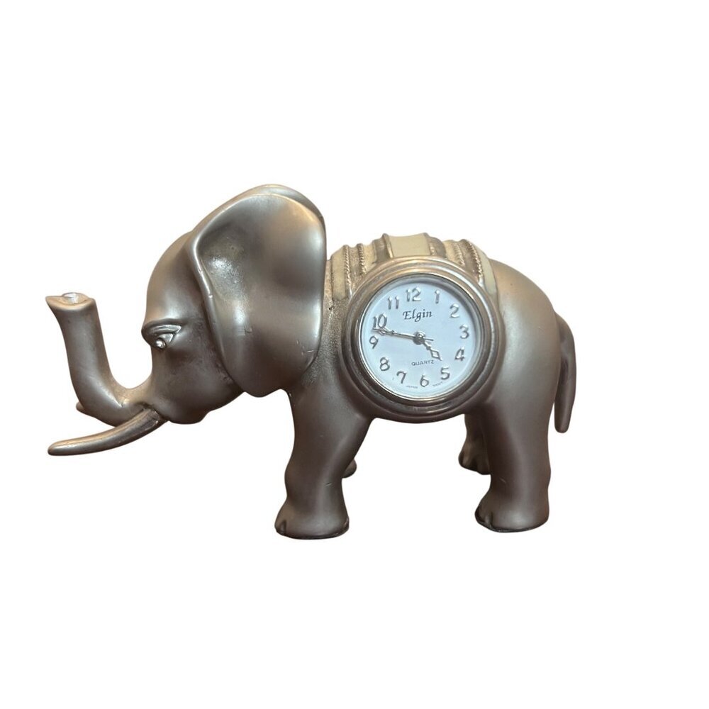 Small Elgin Solid Metal Pewter Finish Desk Clock Elephant with Gems Eyes Trunk